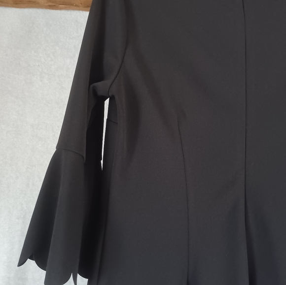 SHE + SKY Solid Black Scalloped Hem Dress Bell Sleeve Office Party Mod Retro M - Picture 10 of 12